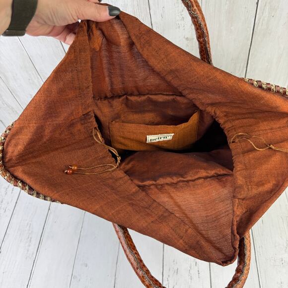 VTG Beirn Brown Cotton Raffia and Leather Trim Shoulder Tote Bag Hand Made - Picture 10 of 15